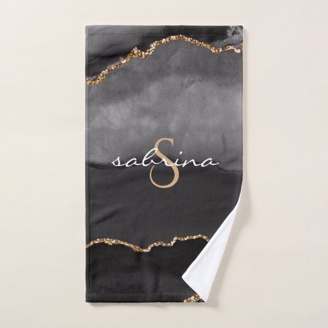 Géode d'agate noire et or monogramme (Serviette à main)