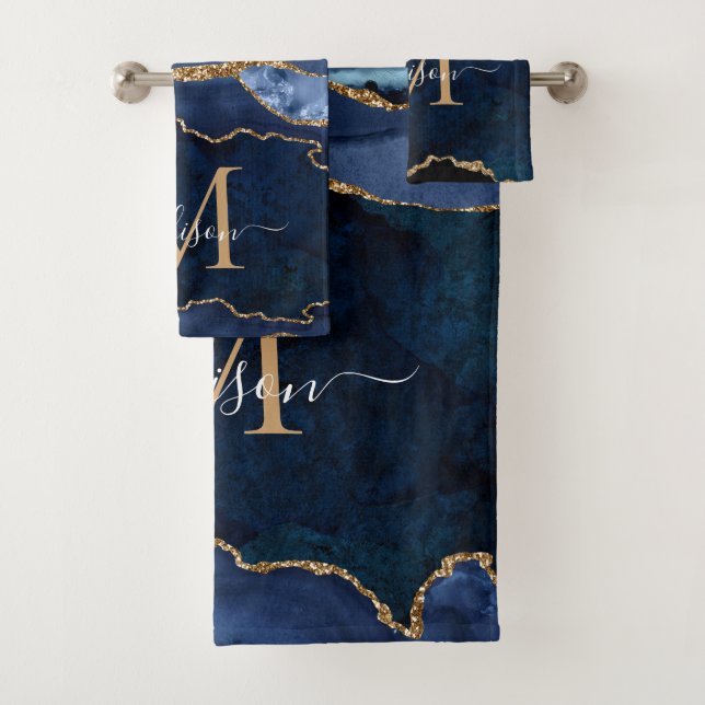 Géode moderne Agate Marine Blue Gold Monogramme (En situation)
