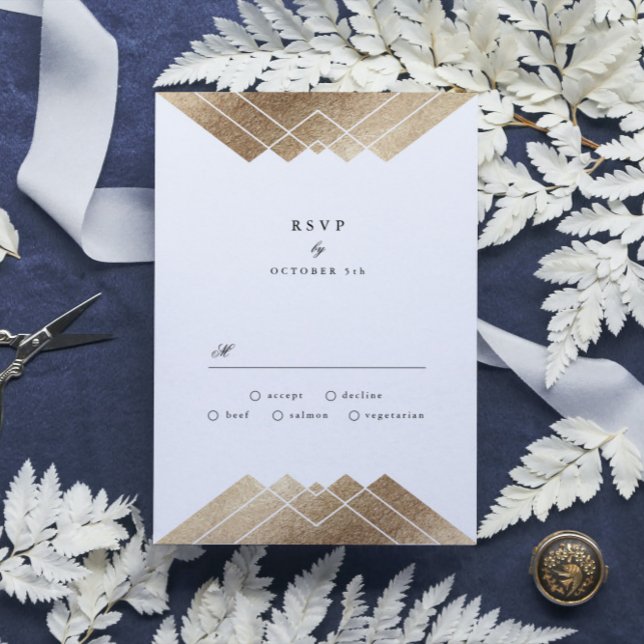 Géométrique Dark Navy Gold Gatsby Wedding RSVP (Créateur téléchargé)