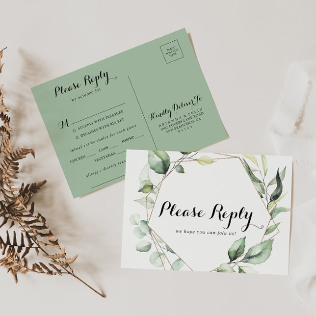 Géométrique Elegant Gold Green Menu Choix RSVP (Créateur téléchargé)