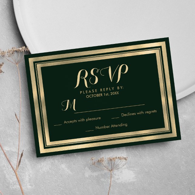 Géométrique moderne forêt or vert RSVP (Geometric modern forest green gold RSVP)
