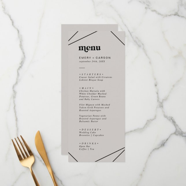 Géométrique moderne | Menu Dîner Mariage gris (Devant/Arrière en situation)