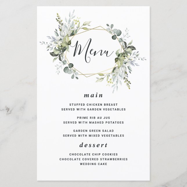 Géométrique Vert Mariage Or moderne Cartes de menu (Devant)