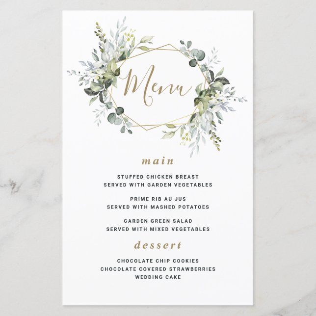 Géométrique Vert Mariage Or moderne Cartes de menu (Devant)