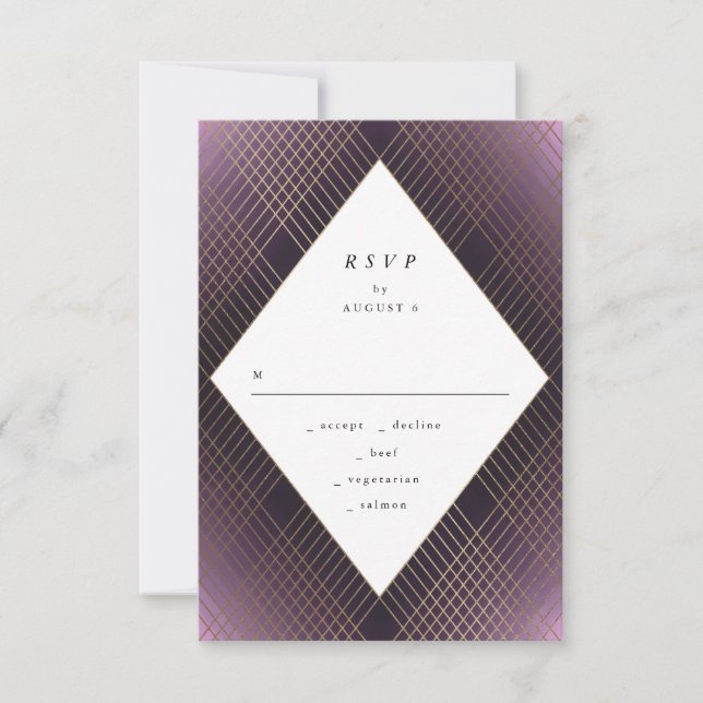 Géométrique Violet Gold Gatsby Wedding RSVP (Devant)