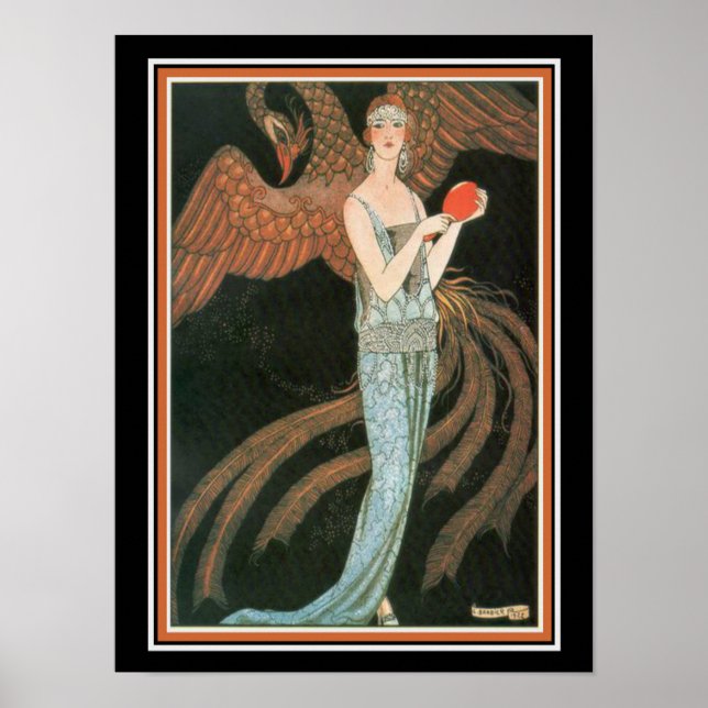 George Barbier Art Déco Girl avec Peacock 12 x 16 (Devant)