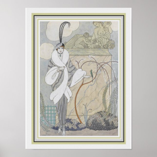 George Barbier Art déco Plumes & fourrure 12 x 16 (Devant)