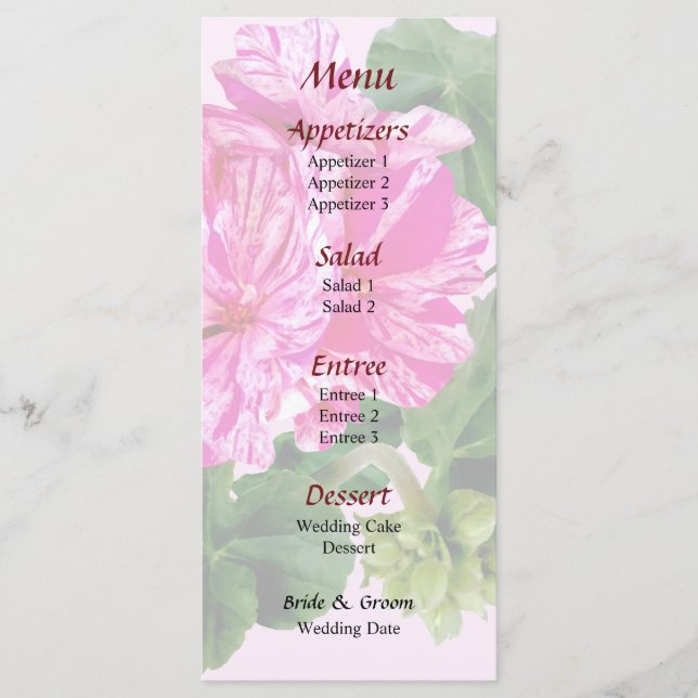 Geraniums Gratuits Rose Et Blanc Menu Mariage (Devant)