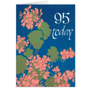 Géraniums rose saumon sur fond bleu foncé, 95e ann
