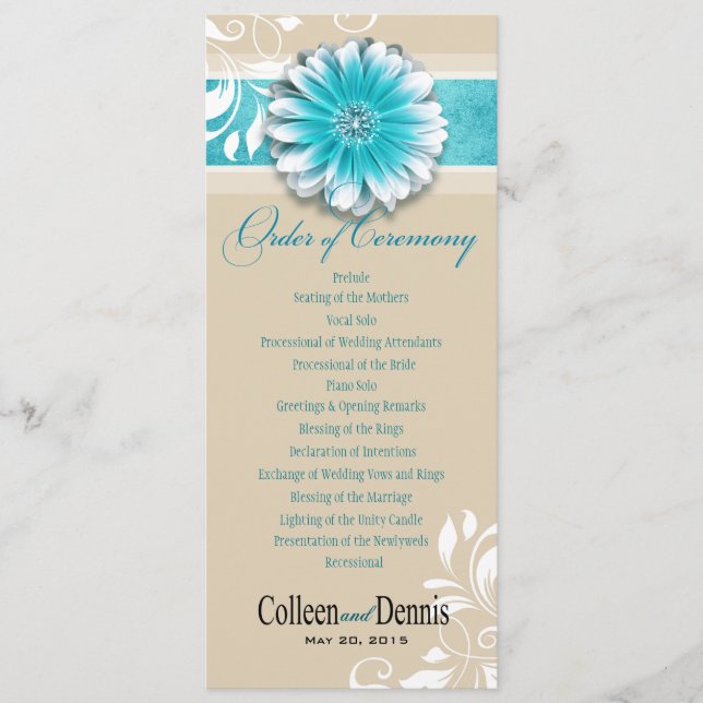 Gerber Daisy Scroll 1 Programme de mariage turquoi (Devant)
