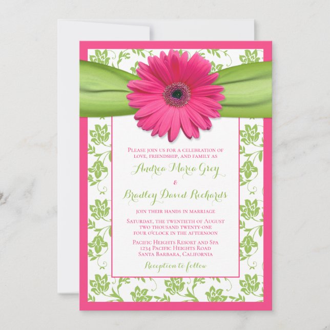 Gerber rose Vert Floral Mariage damassé Invitation (Devant)
