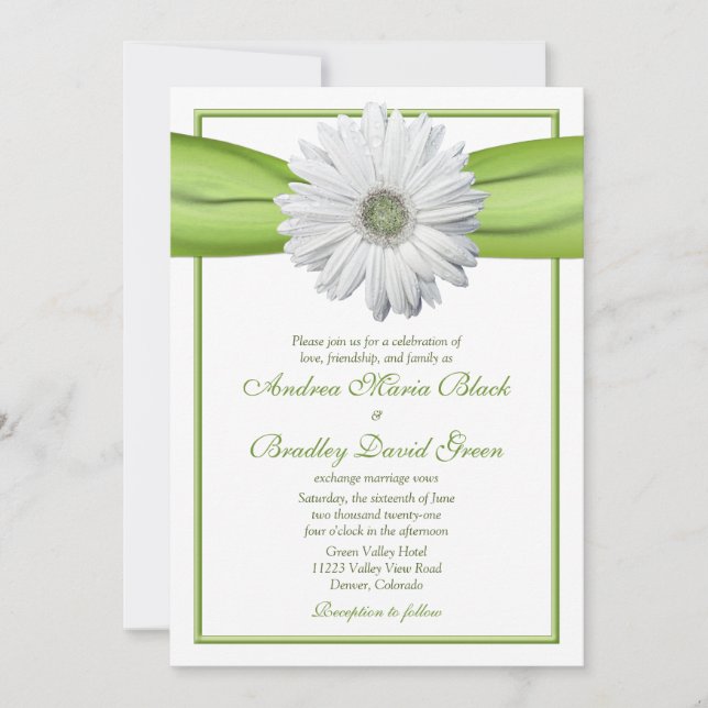 Gerbera blanche avec invitation au ruban vert (Devant)