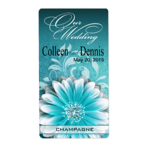 Gerbera Daisy Scroll 1 Étiquette à vin TURQUOISE