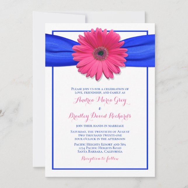 Gerbera rose avec Bleu Satin Ribbon Invitation (Devant)