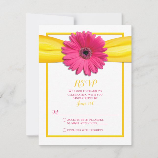 Gerbera rose avec carte de réponse au ruban jaune (Devant)
