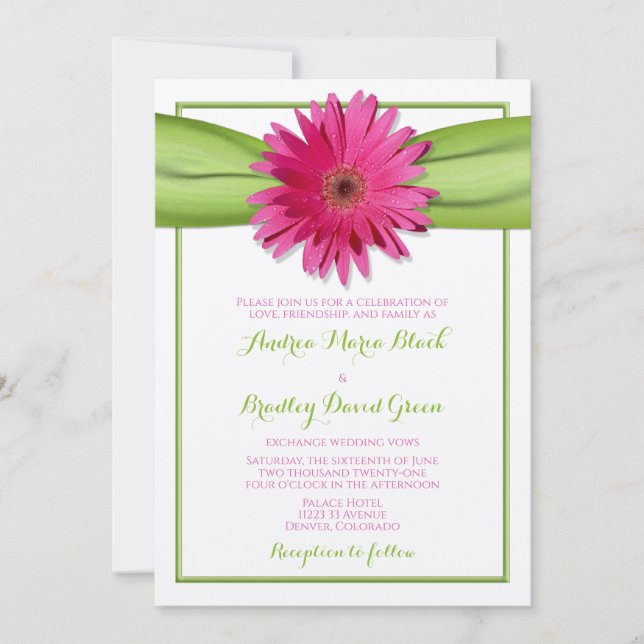 Gerbera rose avec Green Satin Ribbon Invitation (Devant)