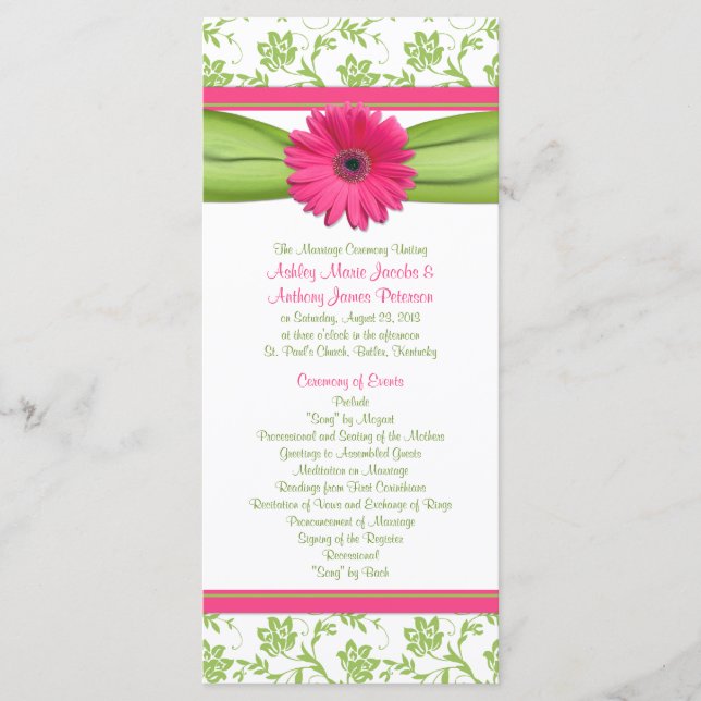Gerbera rose Daisy Green Floral Wedding Programme (Devant)