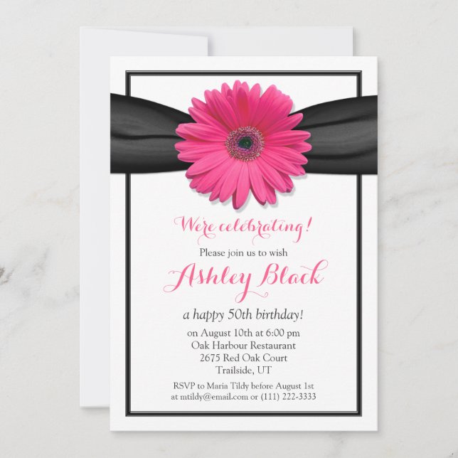 Gerbera rose Noir Ruban Invitation Anniversaire (Devant)