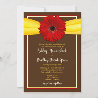 Gerbera rouge avec invitation au ruban jaune