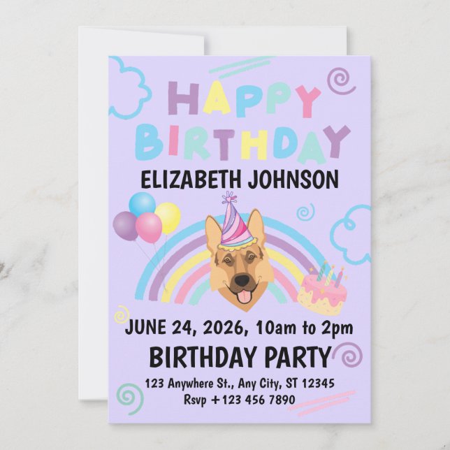 German Shepherd Birthday Invitation in Purple (Devant)