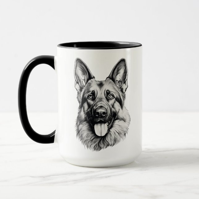 German Shepherd Portrait Black Accent Mug | B&W (Gauche)