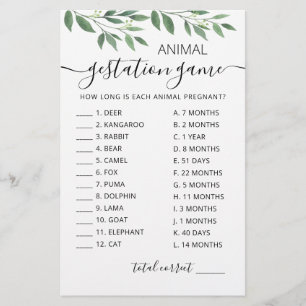 Gestation animale avec réponses Baby shower Jeu