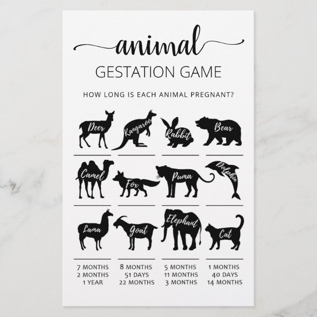 Gestation animale avec réponses Baby shower Jeu (Devant)