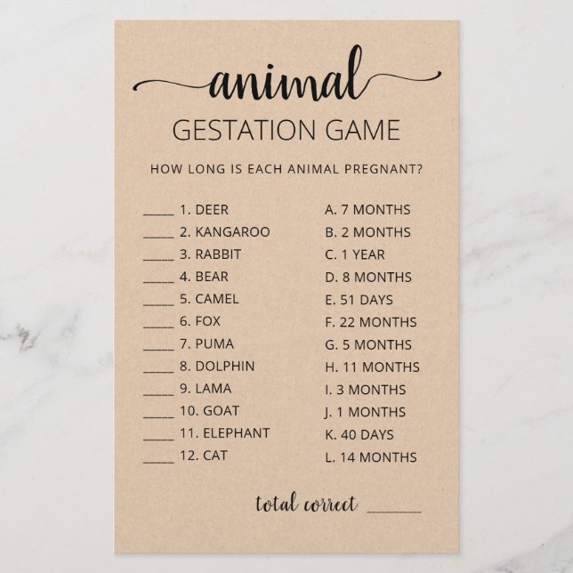 Gestation animale avec réponses Baby shower Jeu (Devant)
