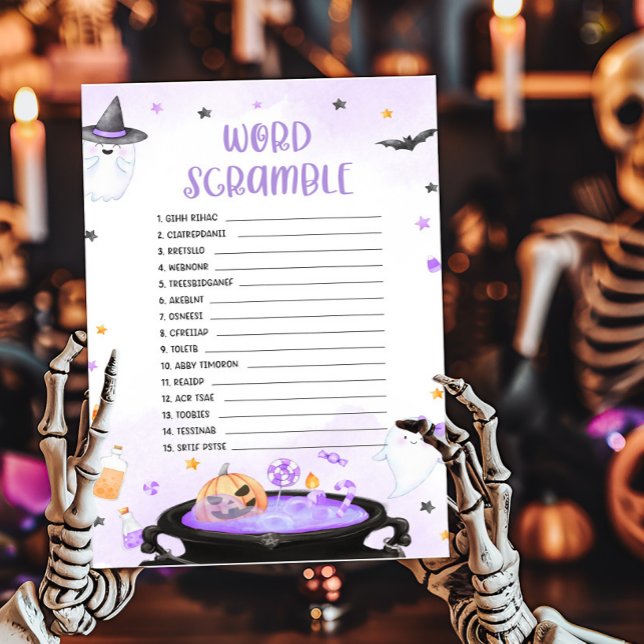 Ghoul Halloween Baby shower Mot Début Jeu (Purple Oh Sheet Baby Shower Word Scramble Game)