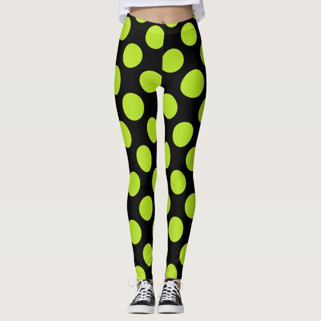 Giant Lime Green Polkadots on Black Leggings (Devant)