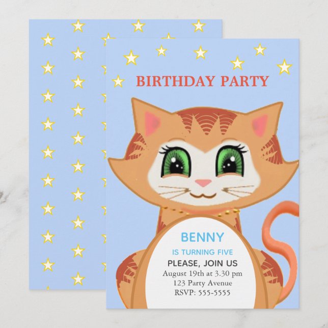 Ginger Cat 5th Boy Birthday Party Invitation (Devant / Derrière)