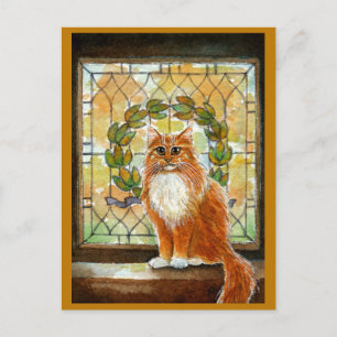 Ginger cat avec carte postale en vitrail victorien