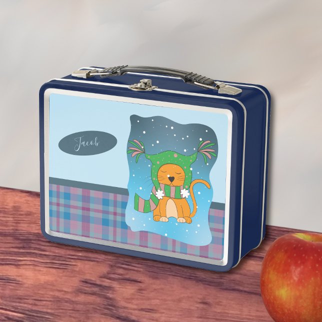 Ginger Cat In the Snow Blue Metal Lunchbox (Cute ginger cat in the snow kid metal lunchbox with name . )