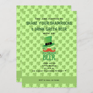 Ginger Mustache you green beer clover Invitation