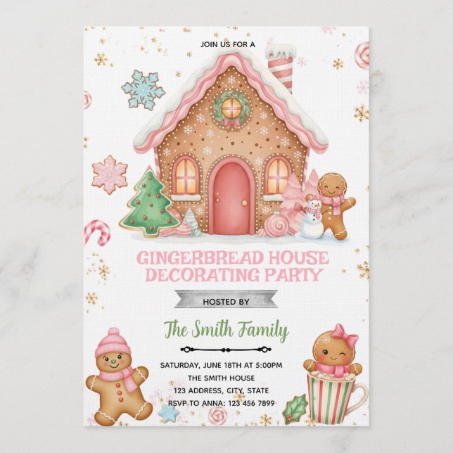 Gingerbread House Decorating pink theme Invitation (Devant)