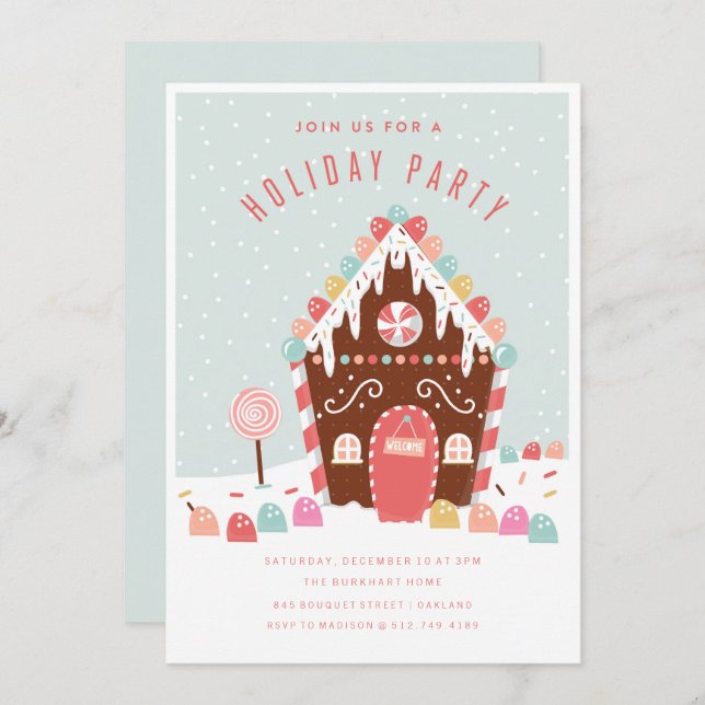 GINGERBREAD HOUSE HOLIDAY PARTY INVITATION (Devant / Derrière)