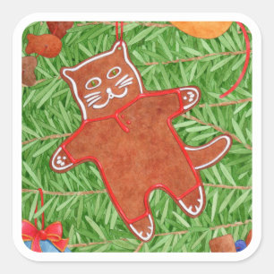 GINGERBREAD KITTY Grand Sticker Carré / Blanc