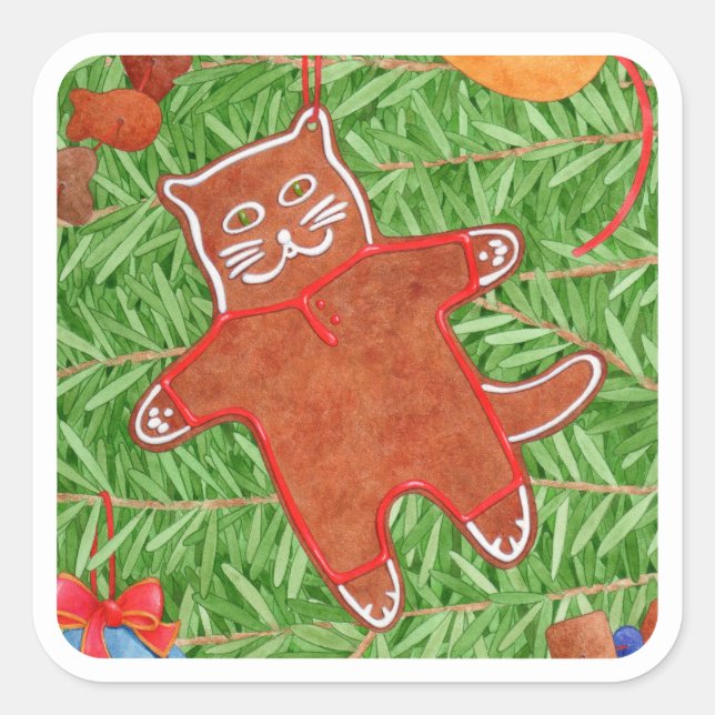 GINGERBREAD KITTY Grand Sticker Carré / Blanc (Devant)