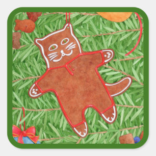 GINGERBREAD KITTY Stickers grand Carré / Vert