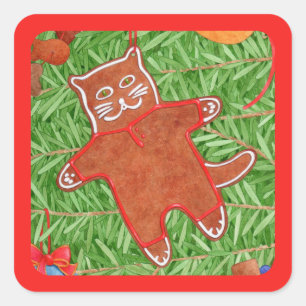 GINGERBREAD KITTY Stickers petit Carré / Rouge