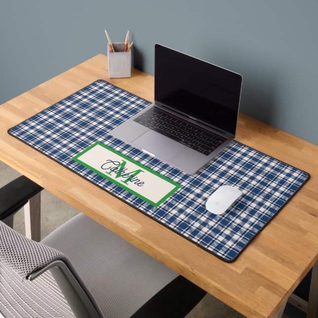 Gingham à carreaux bleu et vert Tartan Monogramme (Bureau 2)