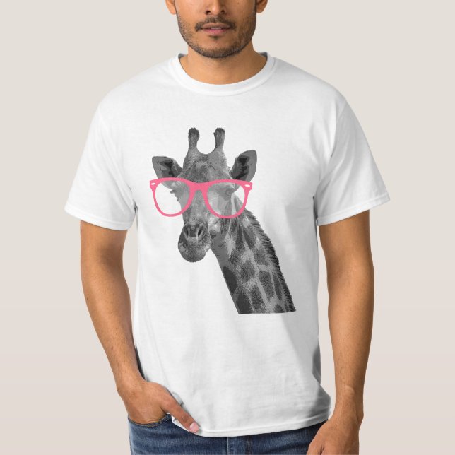 Girafe avec le T-shirt drôle mignon en verre roses (Devant)