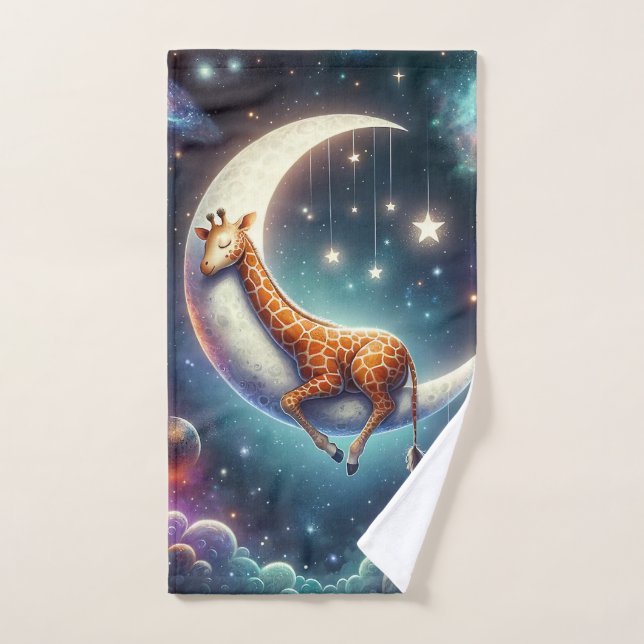 Girafe Bébé Céleste Endormie sur la Lune et les Ét (Serviette à main)