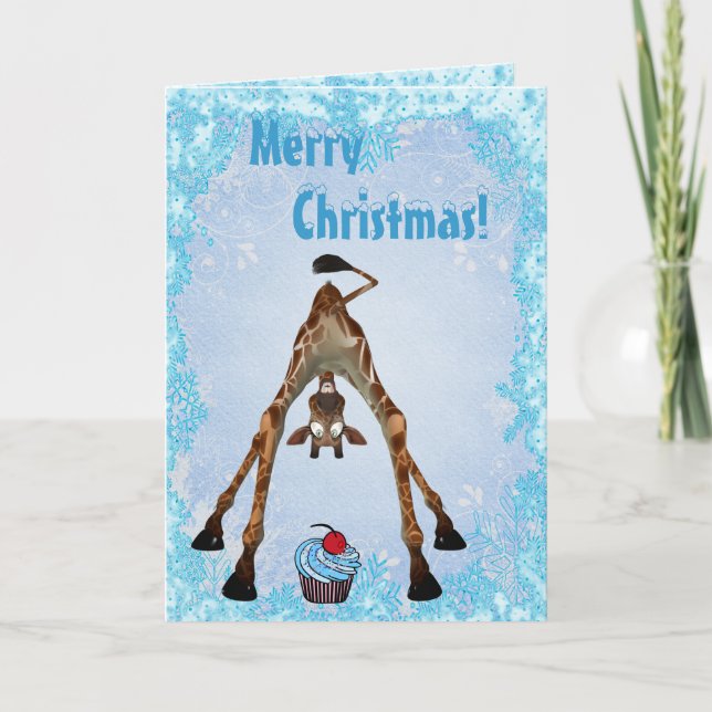Girafe drôle et carte de Noël bleue de petit (Devant)