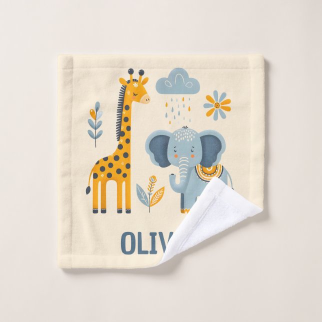 Girafe mignonne et éléphant, amis de safari  (Gant de toilette)