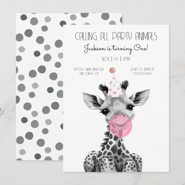Girafe noir et blanc Anniversaire Fête Invitation (Devant / Derrière)
