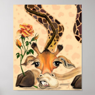Girafe romantique avec affiche de peinture de rose