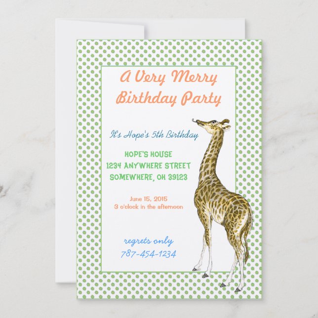 Giraffe Anniversaire Fête Invitation Dot Vert Fron (Devant)