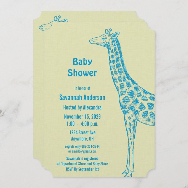 Giraffe Baby Boy Shower Invitations (Devant / Derrière)