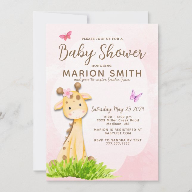 Giraffe Baby Girl Douche Aquarelle Invitation (Devant)